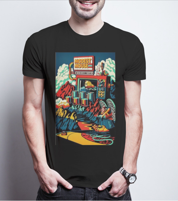 Modest Mouse Jun 30 2024 Greenwood Village CO Psychedelic Mountain Landscape With Winged Creature T-Shirt