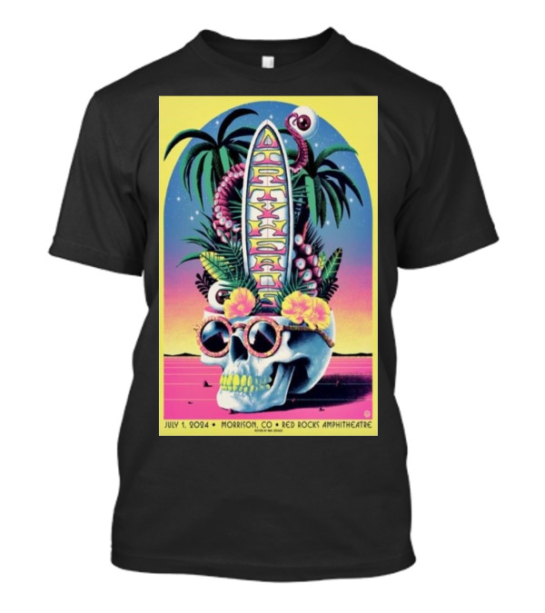Dirty Heads July 1 2024 Morrison CO Red Rocks Amphitheatre Skull Surfboard Palms T-Shirt