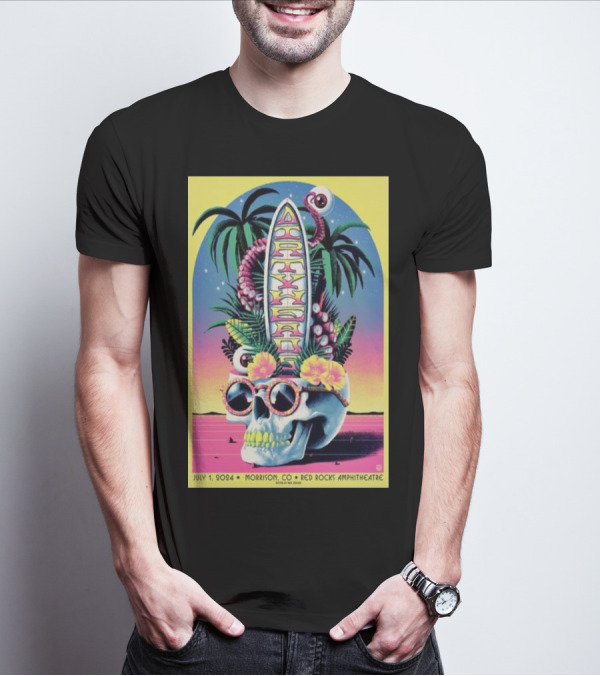 Dirty Heads July 1 2024 Morrison CO Red Rocks Amphitheatre Skull Surfboard Palms T-Shirt