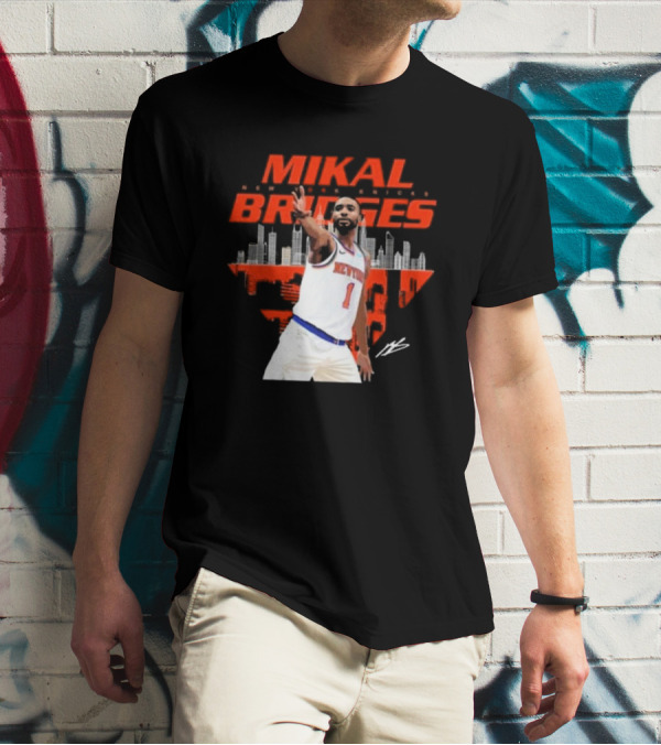 Mikal Bridges New York Knicks Skyline Signature Number 1 T-Shirt