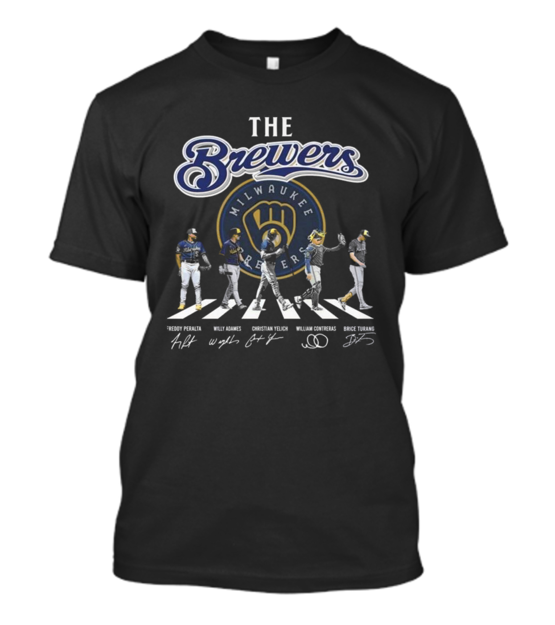 Milwaukee Brewers True Fan Baseball Legends Freddy Peralta Willy Adames Christian Yelich William Contreras Brice Turang Abbey Road Signatures T-Shirt