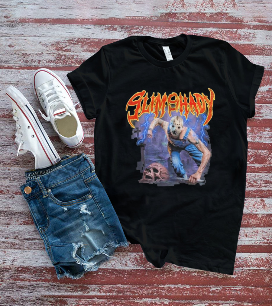Slim Shady Jason Mask Horror Concept With Storm And Skull T-Shirt