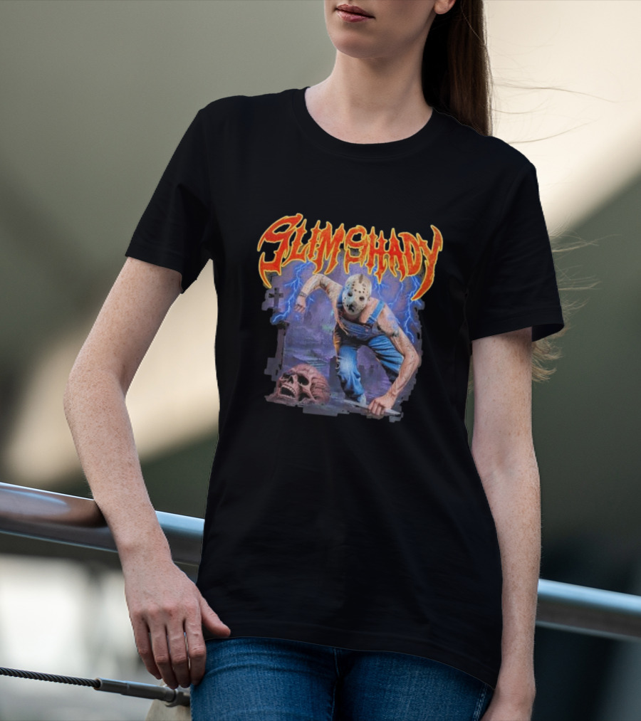 Slim Shady Jason Mask Horror Concept With Storm And Skull T-Shirt