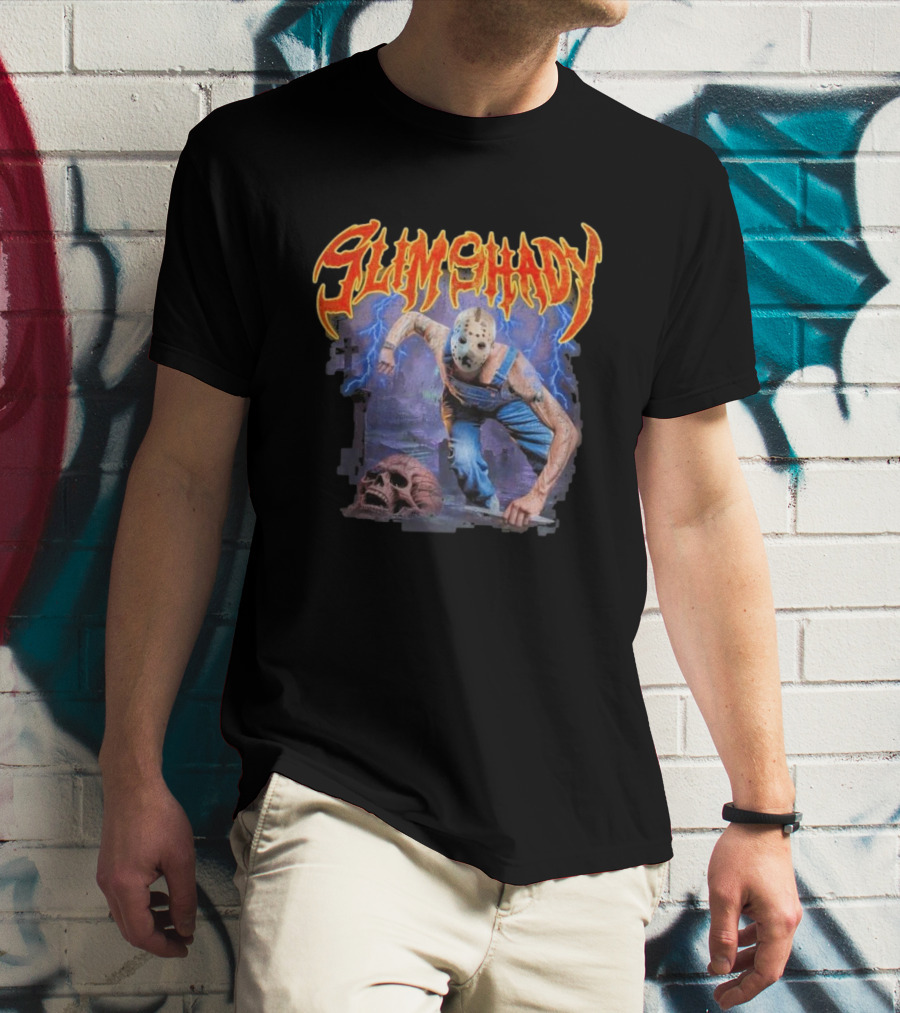 Slim Shady Jason Mask Horror Concept With Storm And Skull T-Shirt