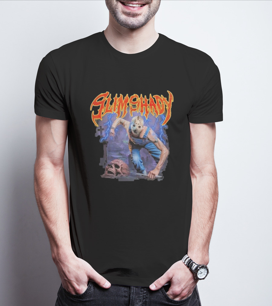 Slim Shady Jason Mask Horror Concept With Storm And Skull T-Shirt