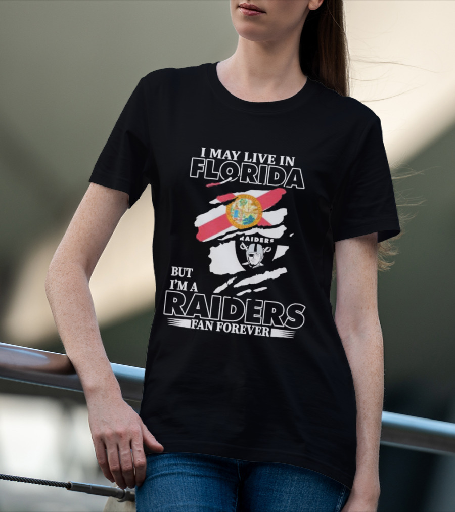 Las Vegas Raiders Fan Forever Living In Florida With Team Logo And State Flag T-Shirt