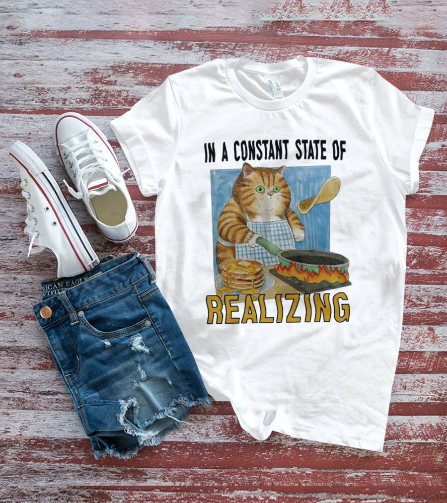 In A Constant State Of Realizing Cat Cooking Pancakes Flame Pan T-Shirt
