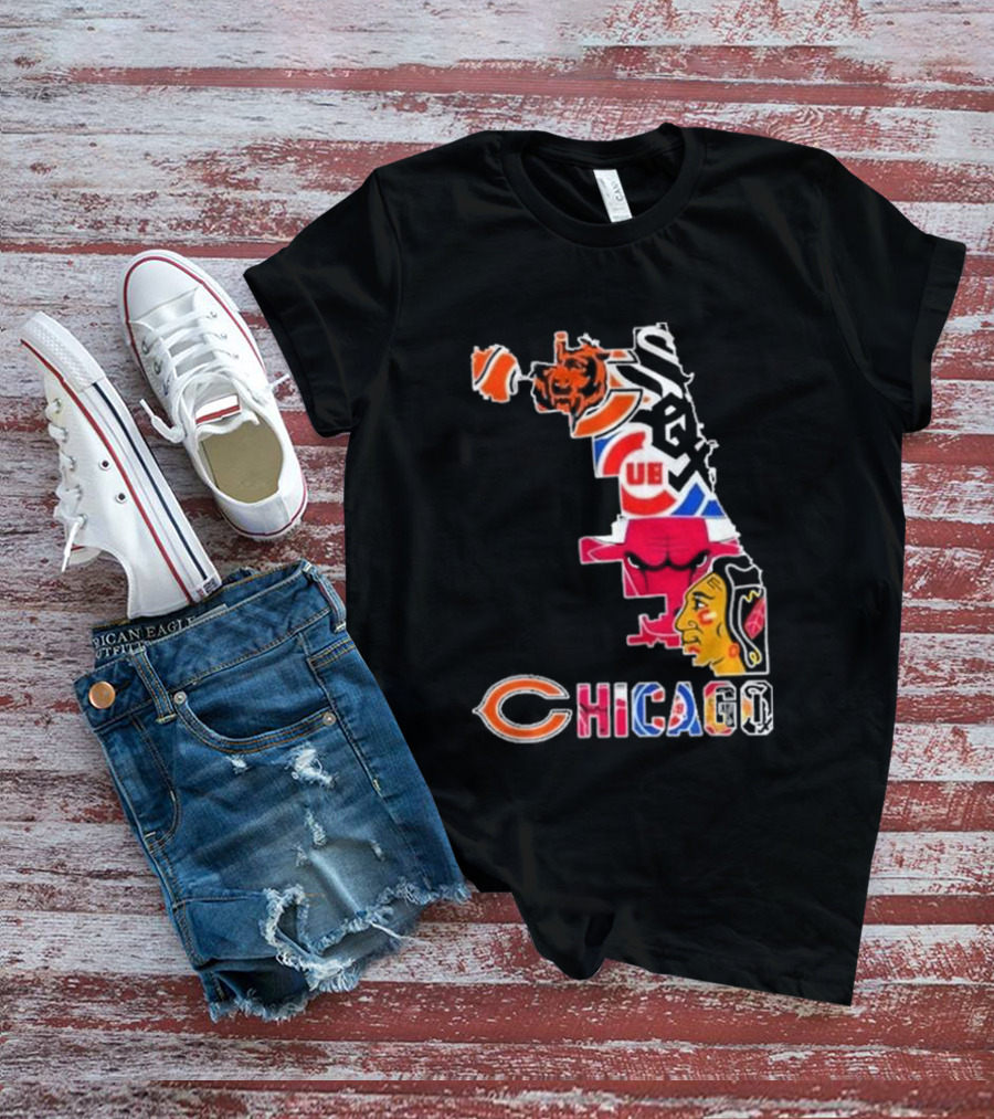 Chicago Bears Bulls Cubs White Sox Blackhawks Map T-Shirt