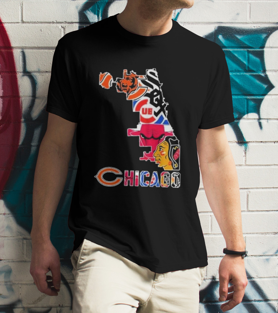 Chicago Bears Bulls Cubs White Sox Blackhawks Map T-Shirt