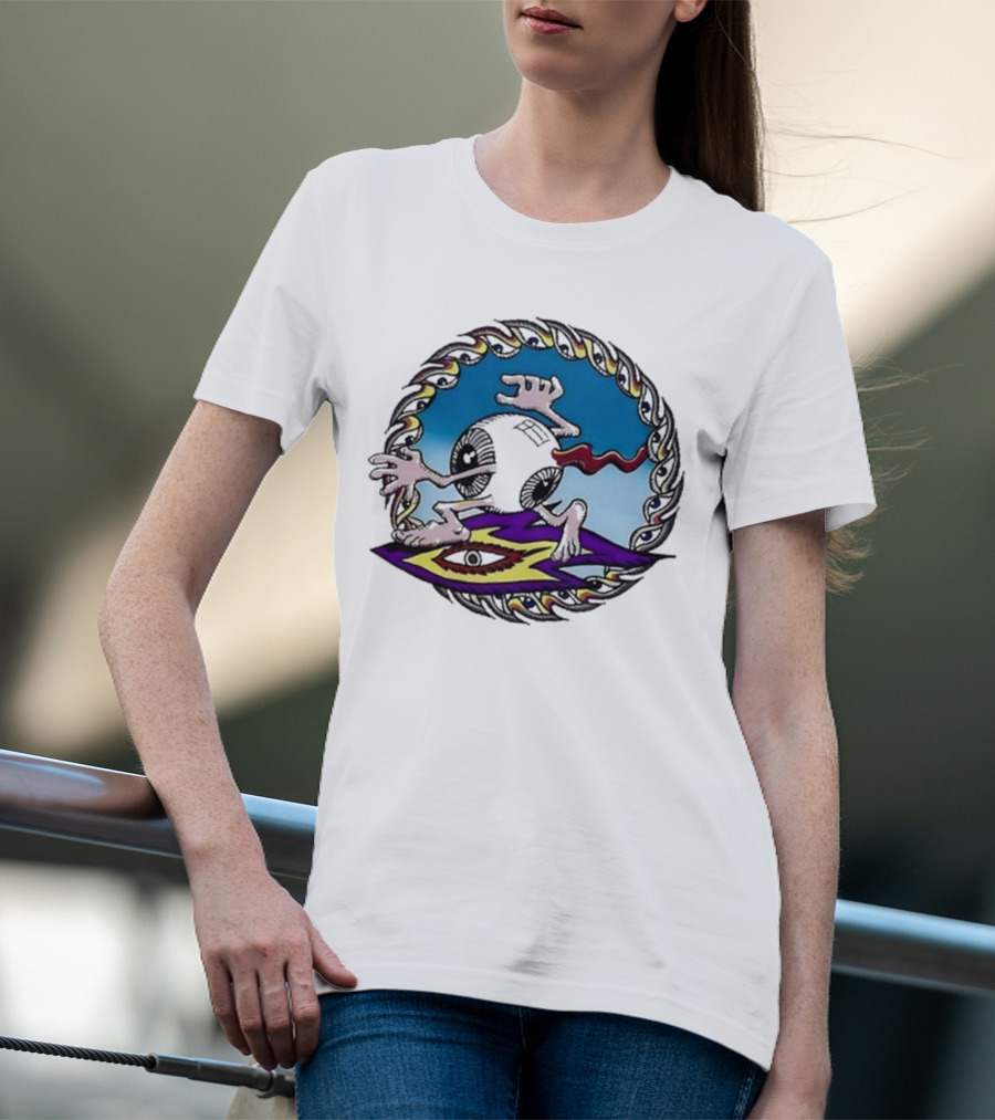 Spiral Eye Surfing Disc With Hands And Vibrant T-Shirt