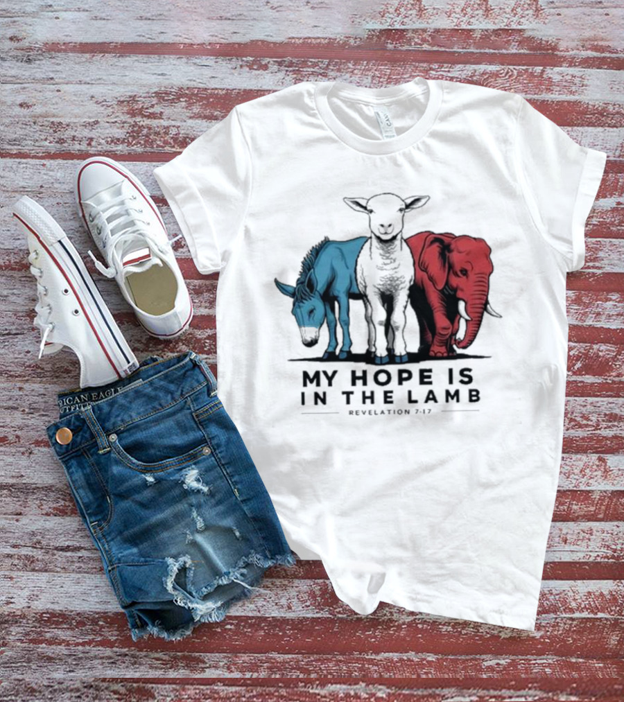 My Hope Is In The Lamb Revelation 7:17 With Blue Donkey Black Lamb Red Elephant T-Shirt