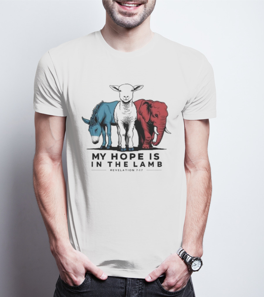 My Hope Is In The Lamb Revelation 7:17 With Blue Donkey Black Lamb Red Elephant T-Shirt