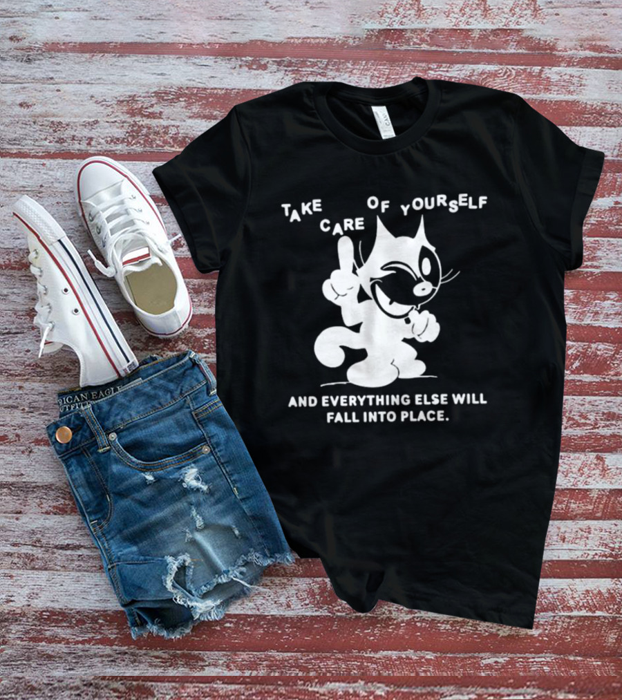 Take Care Of Yourself And Everything Else Will Fall Into Place Happy Winking Cartoon Cat T-Shirt