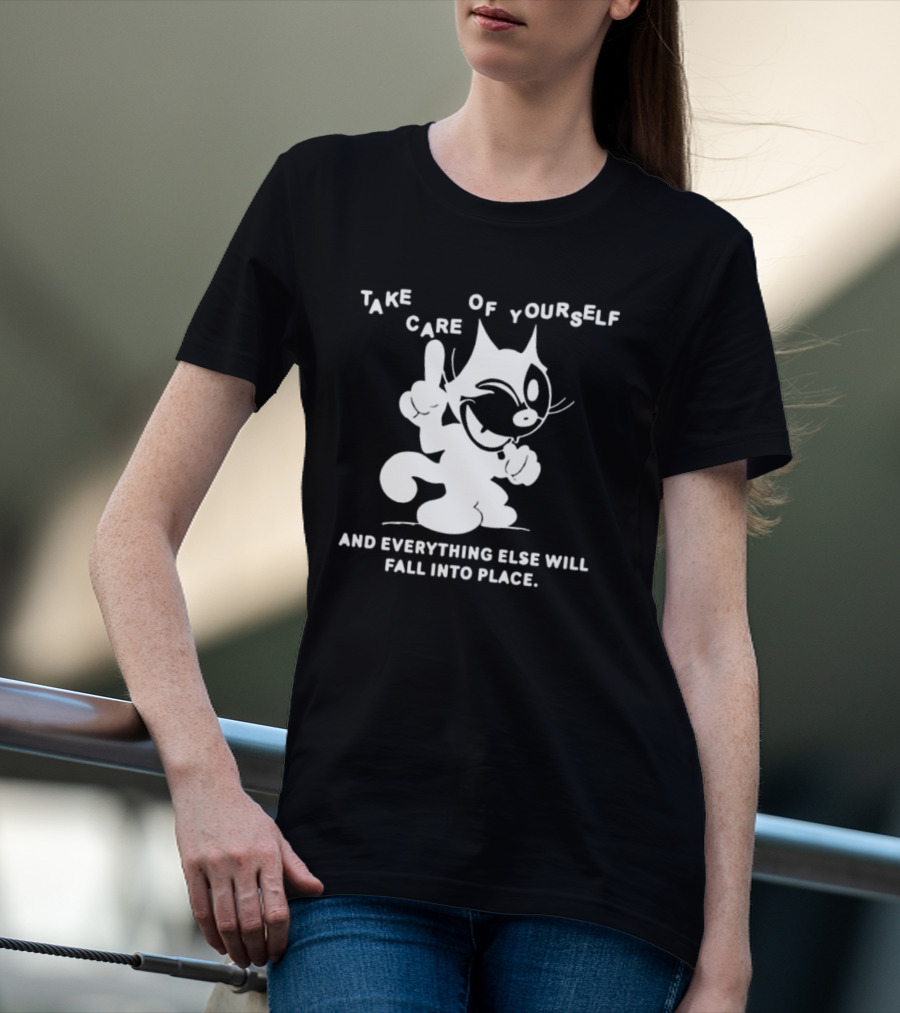 Take Care Of Yourself And Everything Else Will Fall Into Place Happy Winking Cartoon Cat T-Shirt
