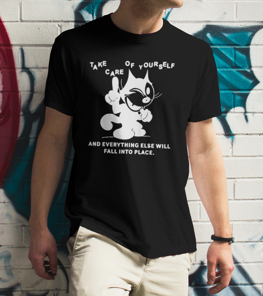 Take Care Of Yourself And Everything Else Will Fall Into Place Happy Winking Cartoon Cat T-Shirt