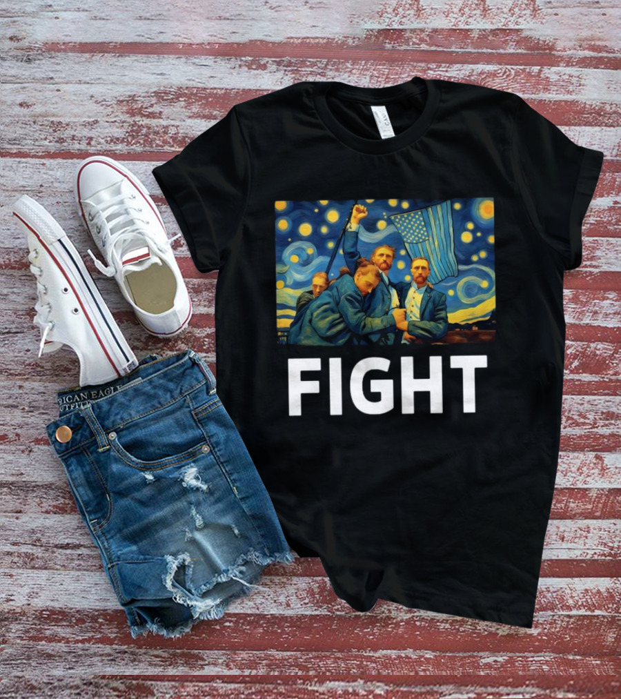 Fight Van Gogh Starry Night American Flag Fist Raised T-Shirt