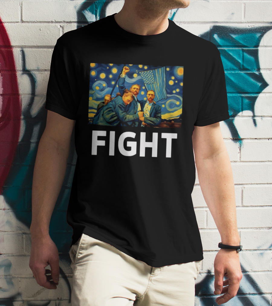 Fight Van Gogh Starry Night American Flag Fist Raised T-Shirt