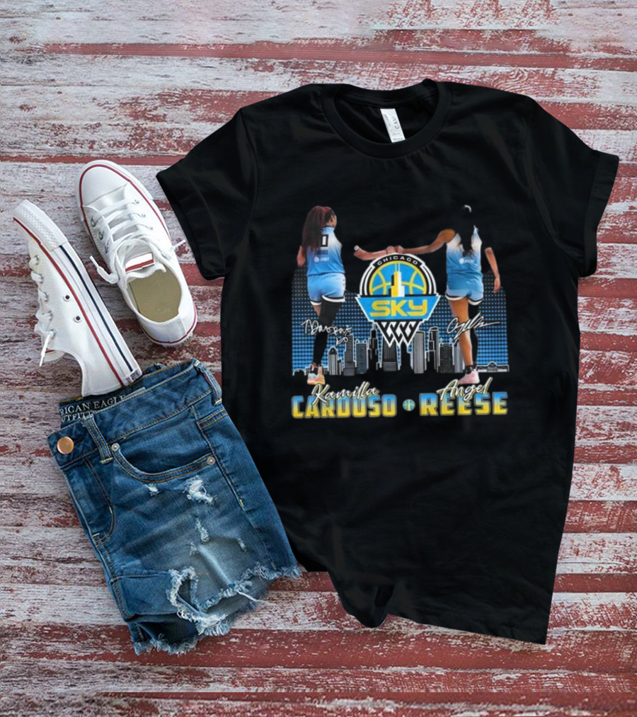 Chicago Sky WNBA Kamilla Cardoso Angel Reese Skyline Basketball Signatures T-Shirt