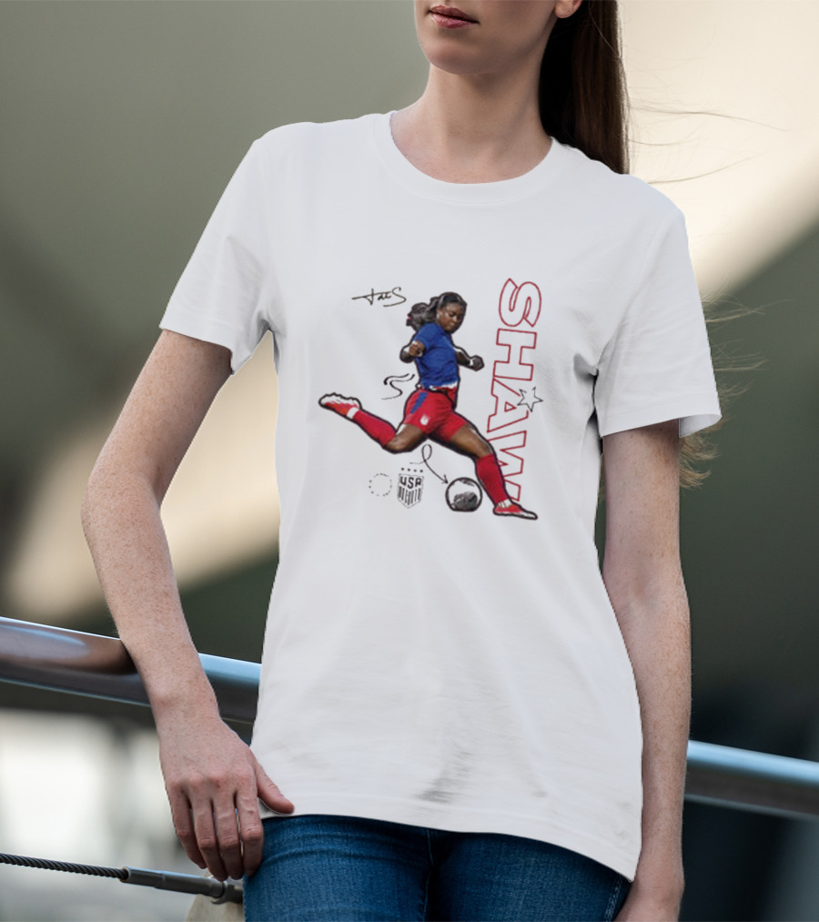 USWNT Jaedyn Shaw Signature Red And Blue Action Pose With Star T-Shirt