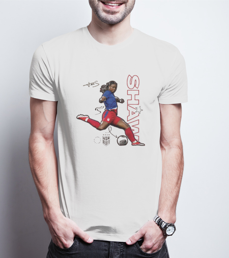 USWNT Jaedyn Shaw Signature Red And Blue Action Pose With Star T-Shirt