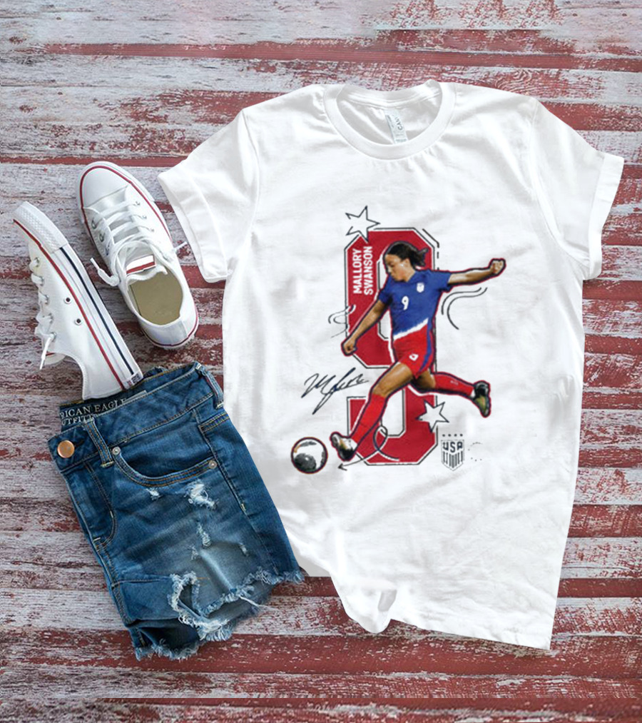 Mallory Swanson Number 9 USWNT Signature Red And Blue Player Action T-Shirt
