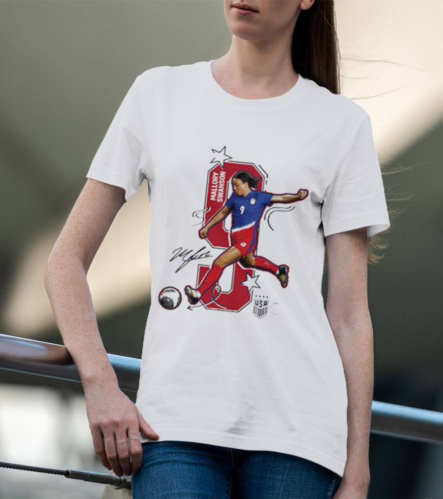 Mallory Swanson Number 9 USWNT Signature Red And Blue Player Action T-Shirt