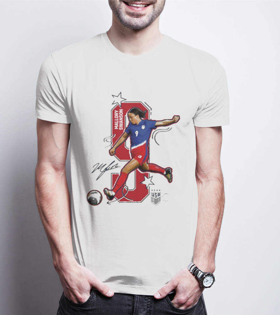 Mallory Swanson Number 9 USWNT Signature Red And Blue Player Action T-Shirt