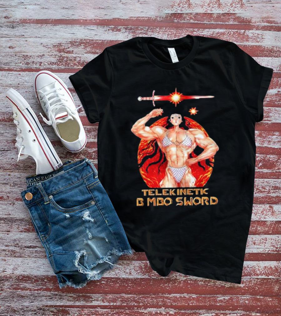 Reweki Telekinetic Bimbo Sword Muscle Warrior With Flaming Background T-Shirt