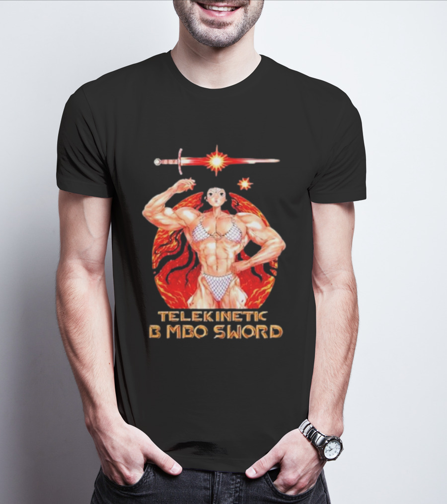Reweki Telekinetic Bimbo Sword Muscle Warrior With Flaming Background T-Shirt