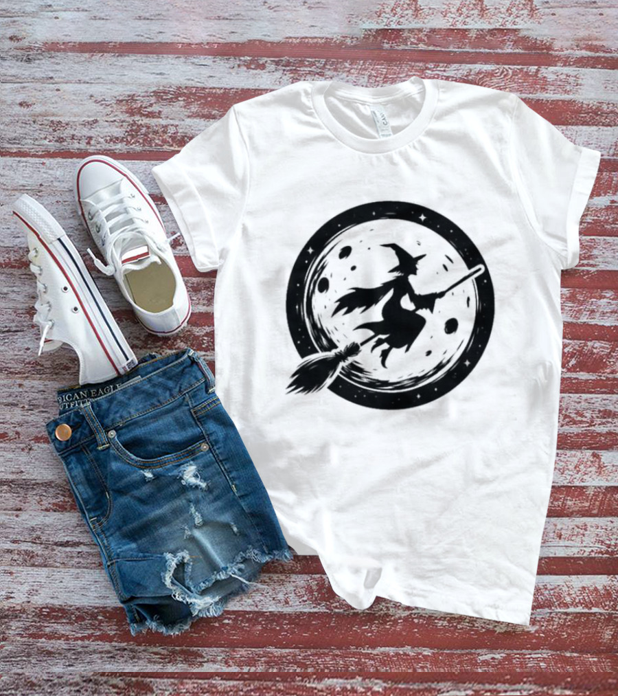 Spooky Halloween Witch Flying Across Full Moon Night T-Shirt