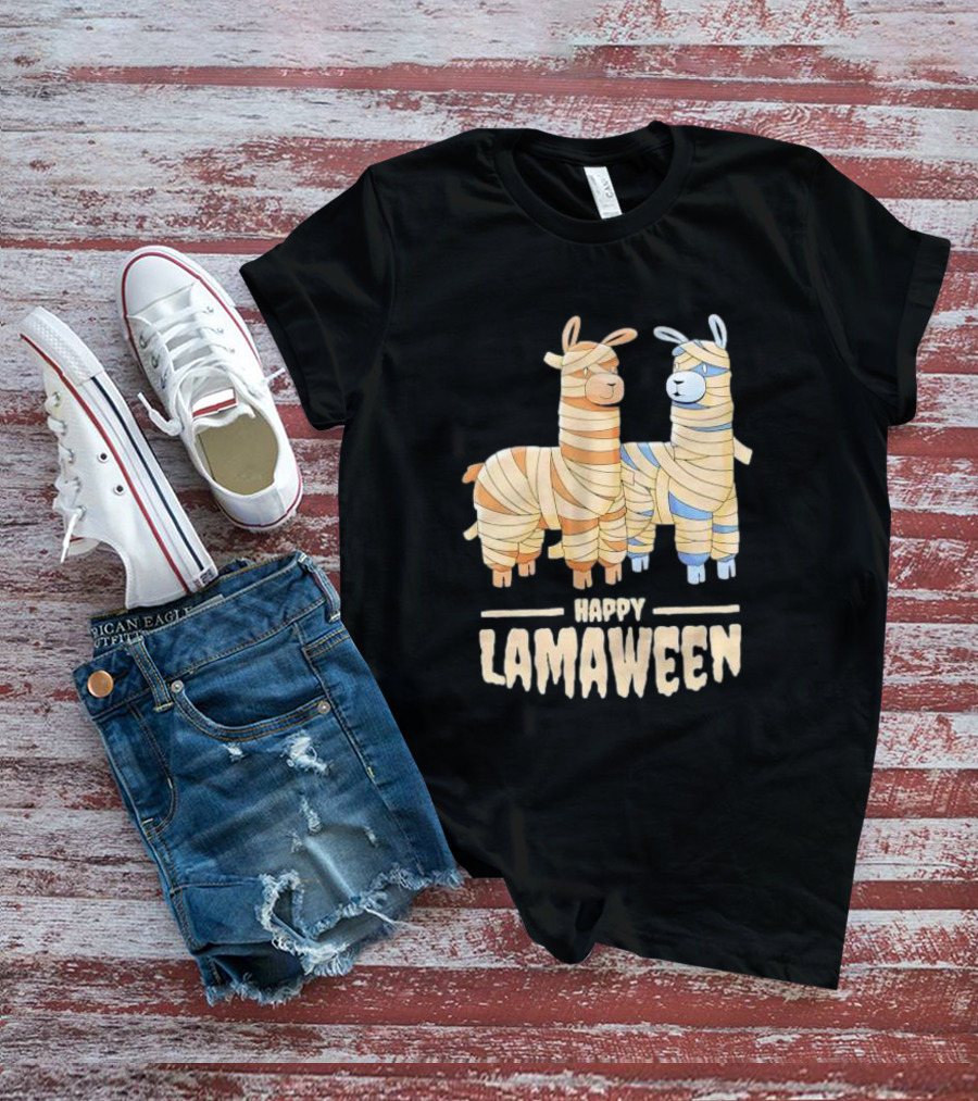 Happy Lamaween Funny Llama Halloween Mummies T-Shirt