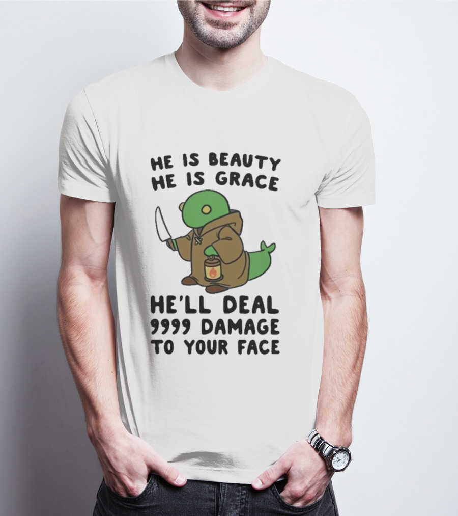 He Is Beauty He Is Grace He’ll Deal 9999 Damage To Your Face Lantern-Wielding Creature In Brown Robe With Knife T-Shirt