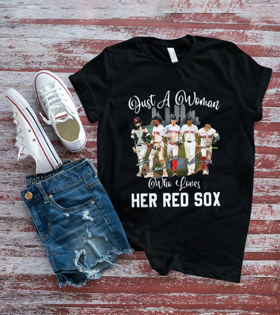 Just A Woman Who Loves Her Red Sox Team Signatures Boston City Skyline T-Shirt