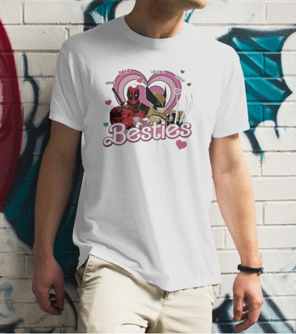 Deadpool Wolverine Love Hearts Besties Cute Friends T-Shirt