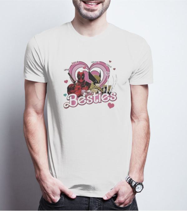 Deadpool Wolverine Love Hearts Besties Cute Friends T-Shirt