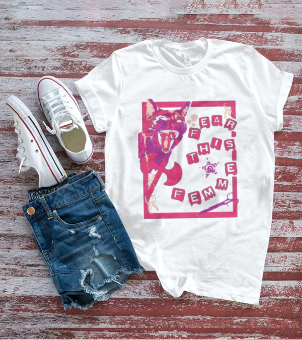 Fear This Femme Cat And Axe Retro Typography Pink Acid Wash T-Shirt