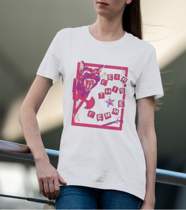 Fear This Femme Cat And Axe Retro Typography Pink Acid Wash T-Shirt