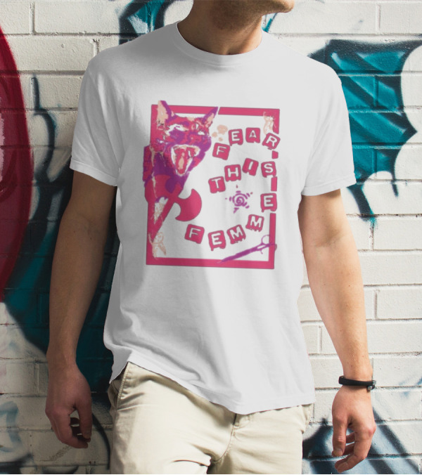 Fear This Femme Cat And Axe Retro Typography Pink Acid Wash T-Shirt