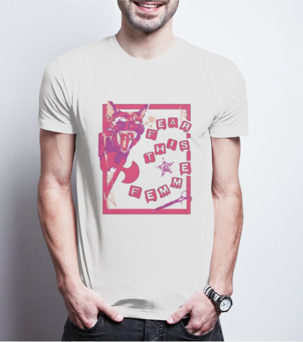 Fear This Femme Cat And Axe Retro Typography Pink Acid Wash T-Shirt