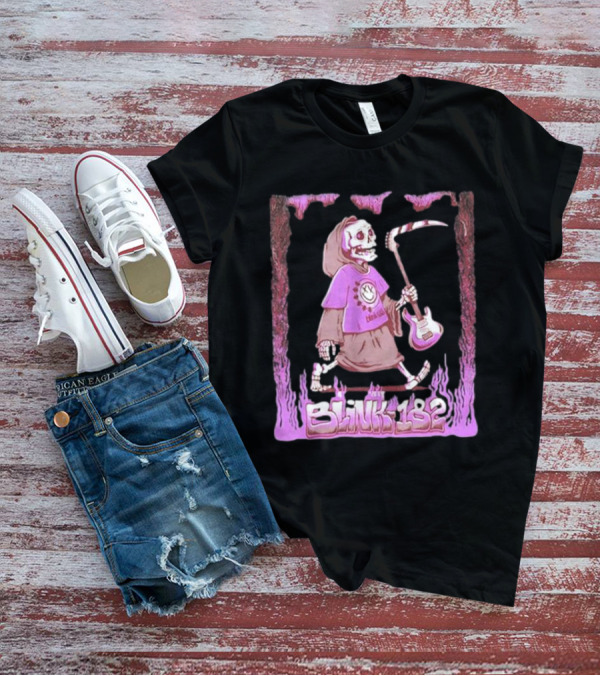 Blink-182 Grim Reaper Skeleton With Guitar Flame Border T-Shirt
