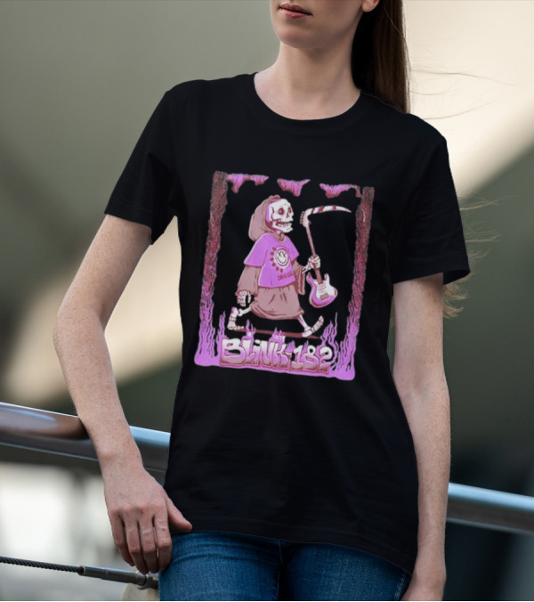 Blink-182 Grim Reaper Skeleton With Guitar Flame Border T-Shirt