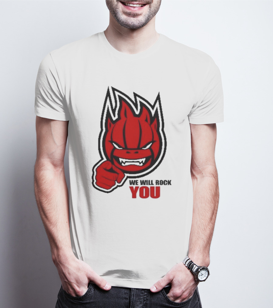 Sir Safety Perugia We Will Rock You Red Flame Character With Pointing Finger T-Shirt