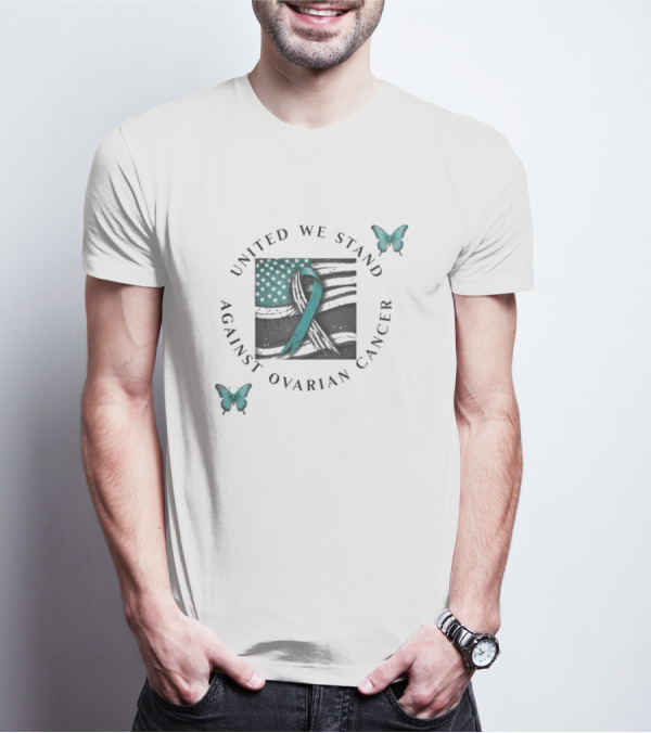 United We Stand Against Ovarian Cancer Ribbon American Flag Butterfly T-Shirt
