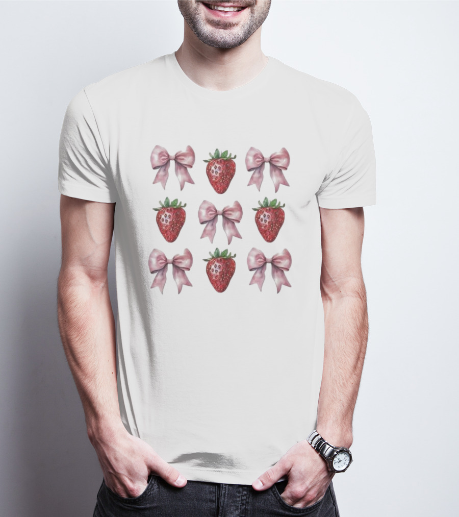 Women’s Summer Strawberries With Pink Bows Coquette T-Shirt