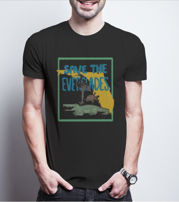 Gators Daily Save The Everglades Florida Map With Alligator, Heron, And Turtle T-Shirt