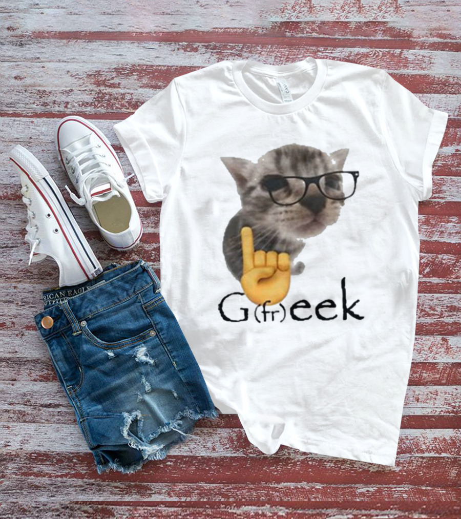 Goofy Ahhs Geek Cat Meme With Glasses And Emoji Finger T-Shirt