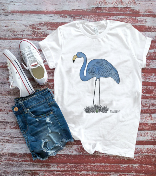 Time Capsule Design Blue Flamingo On Black Grass Background T-Shirt