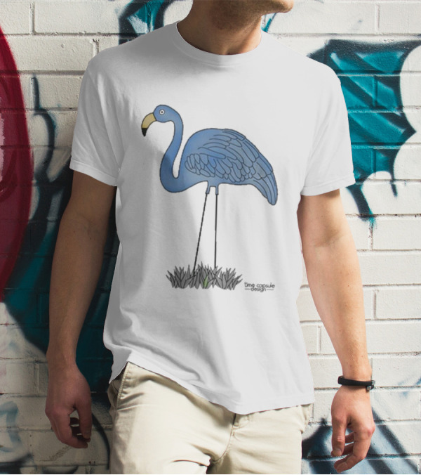 Time Capsule Design Blue Flamingo On Black Grass Background T-Shirt