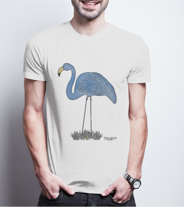 Time Capsule Design Blue Flamingo On Black Grass Background T-Shirt
