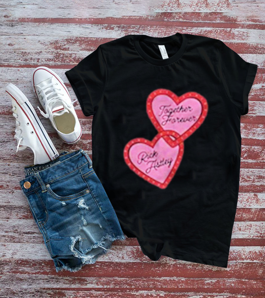 Together Forever Rick Astley Hearts Black T-Shirt